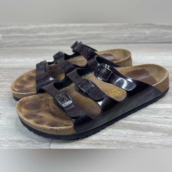 Papillio Florida Birkenstock Maroon Sparkly 3 Strap Sandals Size 39/8 - Picture 2 of 11